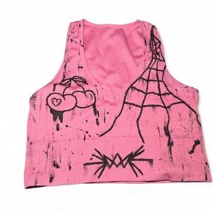 Dolls Kill Pink Crop Tank with Black Drip & Web Print